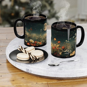 Mystische Kaffeetasse | Pilze Und Mondphasen Kaffee | Cottagecore Becher | Handgefertigte Keramiktasse | Cottagecore Mond Boho Natur Geschenk