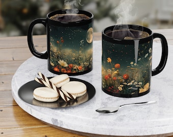 Taza de café mística / Setas y fases del café lunar / Taza Cottagecore / Taza de cerámica hecha a mano / Cottagecore Moon Boho Nature Gift
