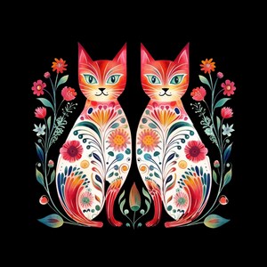 May include: Two stylized cats with floral patterns in shades of red, pink, white, and green on a black background.