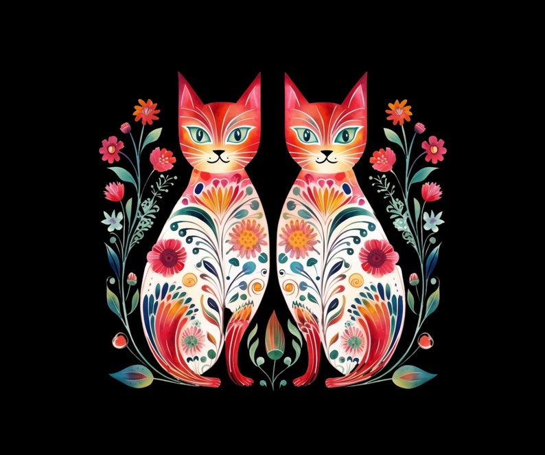 May include: Two stylized cats with floral patterns in shades of red, pink, white, and green on a black background.