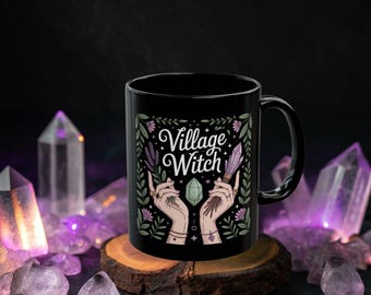 Village Witch Black Mug: Crystal & Herbal Magic Design