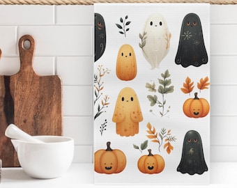Halloween Kitchen Towel: Minimalist Ghost & Pumpkin Print