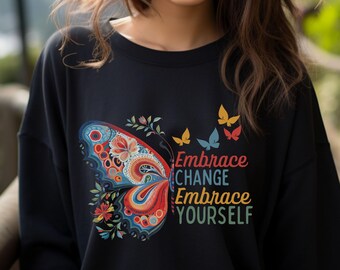 Folk Floral Butterfly Sweatshirt, Botanical Women's Tee