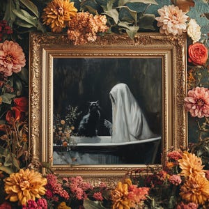Ghost And Cat In Bathtub, Whimsigoth Bathroom Decor | Wall Art | Vintage Gothic Painting | Framed Poster | Vintage, Funny Halloween