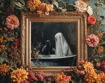 Geist Und Katze In Der Badewanne, Whimsigoth Badezimmer Dekor | Wandkunst | Vintage Goth Malerei | Gerahmtes Poster | Vintage, lustiges Halloween