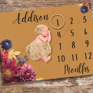 Cobertor floral personalizado para bebês meninas com nome, acompanhar o crescimento do bebê, floral de frutas vermelhas, cobertor mensal, nome do bebê, cobertor personalizado
