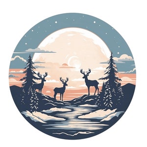 May include: A circular illustration of a winter scene with three deer silhouetted against a large, full moon. The moon is a pale peach color with a light blue sky behind it. The deer are standing in a snowy forest with a river flowing through the center of the image.
