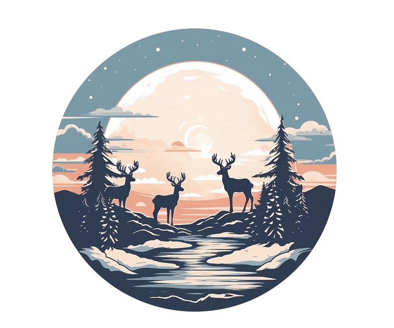 May include: A circular illustration of a winter scene with three deer silhouetted against a large, full moon. The moon is a pale peach color with a light blue sky behind it. The deer are standing in a snowy forest with a river flowing through the center of the image.