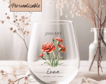 Personalized Birth Flowers Wine Glass Custom Name with Your Birth Flower Christmas Anniversary Mother's day Best Friend Gift For Her Wedding