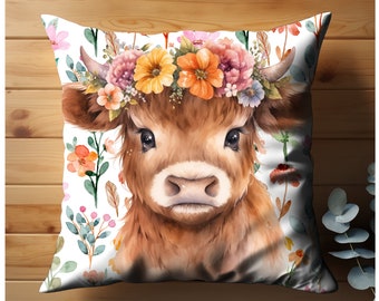 Scottish Highland Cow Pillow, Throw Pillow, Scottish Highland Cow Nursery | Mothers Day Gift | Scottish Wildlife Cushion | Baby Shower Gifts
