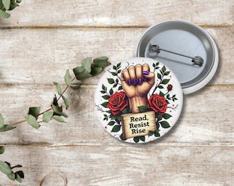 Knop Ik lees verboden boeken, bibliotheekspeld, knop boekverbod, recht om te lezen, knop voor bibliothecaris, bibliotheekliefde, lezen vieren, feministisch