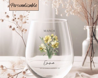 Personalized Birth Flower Stemless Wine Glass, Custom Floral Gift
