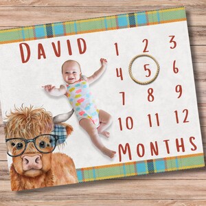 Highland Cow Baby Milestone Blanket, Personalized With Name, Farm Boy Blanket, Baby Shower Gift, Cow Baby Blanket, Boho, Farm nursery,