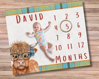 Highland Cow Baby Milestone Deken, Gepersonaliseerd met naam, Farm Boy Deken, Baby Shower Gift, Cow Baby Deken, Boho, Boerderij kwekerij,