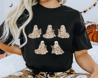 Camisa de Halloween coqueta, camisas fantasma con lazo de coqueta, camiseta aphic fantasma linda, camiseta rosa de Halloween coqueta, camisas rosas de vibraciones espeluznantes