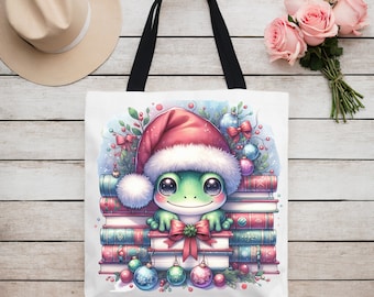 Frosch Tragetasche | Frosch Taschen Geschenk | Süße Weihnachtsfrosch Tragetasche | Baumwolltasche | Einkaufstasche | Schultertasche | Buchliebhaber Geschenk | Froschliebhaber