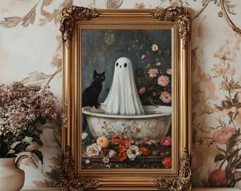Geist und Katze in der Badewanne, schwarze Katze Druck | Gerolltes Poster | Whimsigoth Druck | Geist und Katze in der Badewanne | Lustiger Halloween Geschenkdruck