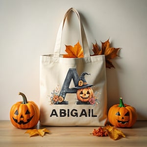 Personalized Halloween Tote Bag Customized Pumpkin Monogram Letter Canvas Tote Bag for Trick or Treat Goodie gift Bags Candy Sack For Kids