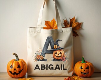 Personalized Halloween Tote Bag Customized Pumpkin Monogram Letter Canvas Tote Bag for Trick or Treat Goodie gift Bags Candy Sack For Kids