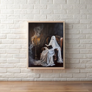 Ghost Book Nook, Cute ghost reading a book art print | cute spooky funny ghost, book nook art, library, dark academia book lover gift