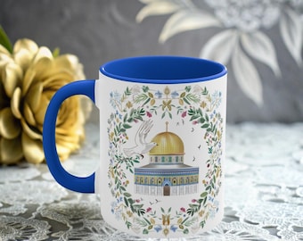 Jerusalem Palestine Mug Gift | Free Palestine | Palestinian Home Decoration | Peace Sign Hand With Checkered Scarf Keffiyeh Kufiyya Hatta