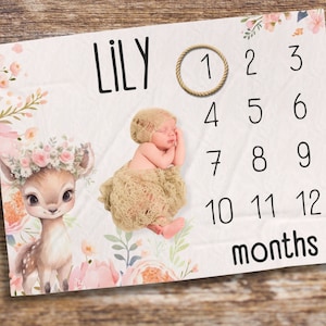 Manta de hitos mensuales para bebé, ciervo, regalo personalizado para baby shower, habitación de recién nacido, accesorio fotográfico de hitos, crecimiento del bebé, caza, boho rosa