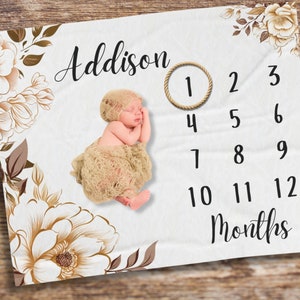 Aangepaste babymeisje bloemenmijlpaaldeken met naam, babygroei bijhouden, bessenbloemen, maandelijkse deken, babynaam, gepersonaliseerde deken
