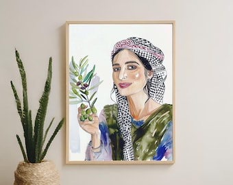 Palestine Watercolor Art Print: Olive Branch, Textured Matte Poster