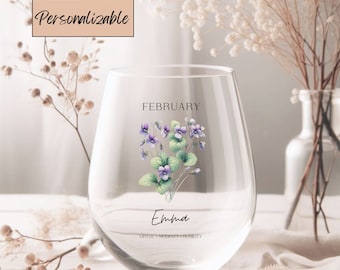Personalized Birth Flowers Wine Glass Custom Name with Your Birth Flower Christmas Anniversary Mother's day Best Friend Gift For Her Wedding