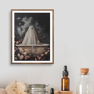 Ghost in the Bathtub, Halloween Decor, Ghost Bathroom Print, Art Poster Print, Dark Academia, Vintage Poster, Gothic Painting