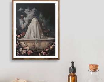 Ghost in the Bathtub, Halloween Decor, Ghost Bathroom Print, Art Poster Print, Dark Academia, Vintage Poster, Gothic Painting