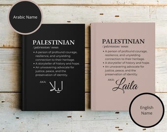 May include: Two black and beige cards with the word "Palestinian" defined as a person of profound courage, resilience, and unyielding connection to their heritage. The cards also include the Arabic and English names "Laila".
