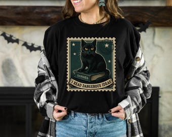 Salem Book Club Halloween T-Shirt, Black Cat Tee, Spooky Reading Gift, Witchy Book Lovers apparel,I like to read banned books, Vintage Stamp