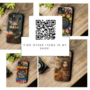 May include: Four different phone cases with colorful designs. The cases feature a rabbit with flowers, a sunflower, a rainbow with the text "Let Equality Bloom", and a girl with a crown of flowers.  FIND OTHER ITEMS IN MY SHOP.