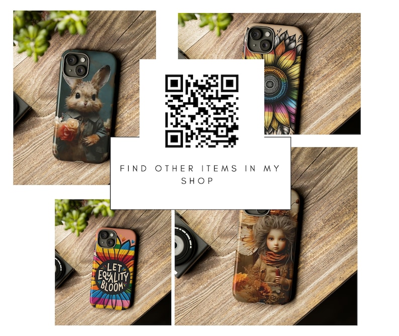 May include: Four different phone cases with colorful designs. The cases feature a rabbit with flowers, a sunflower, a rainbow with the text "Let Equality Bloom", and a girl with a crown of flowers.  FIND OTHER ITEMS IN MY SHOP.
