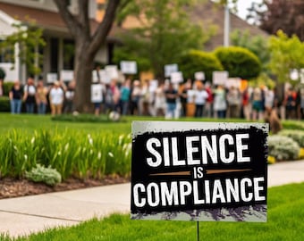 May include: A black and white sign with the text "Silence is Compliance" in white lettering on a black background. The sign is in front of a blurred image of a group of people holding signs.