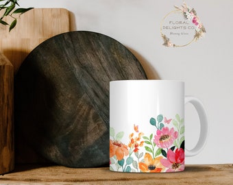 Vintage Botanical Coffee Mug, Botanical Tea Cup, Bright Florals, Floral Coffee Cup, Orange Floral Nature Mug, Flower Lover, Cottagecore