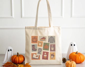 Fall Vibes Cotton Canvas Tote Bag, Pumpkin Spice, Autumn Bag, Fall Festival, Gift for Her, Cozy Football Apple Picking Tote, Vintage Stamp