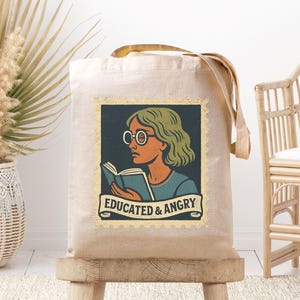 Book Lover Tote Bag: Feminist Literary Gift, Vintage Stamp Design