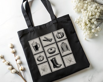 Herbst Vibes Baumwolle Canvas Tasche, Pumpkin Spice, Herbst Tasche, Herbst Festival, Geschenk für sie, gemütliche Fußball Apfel Taschen, Vintage Briefmarke