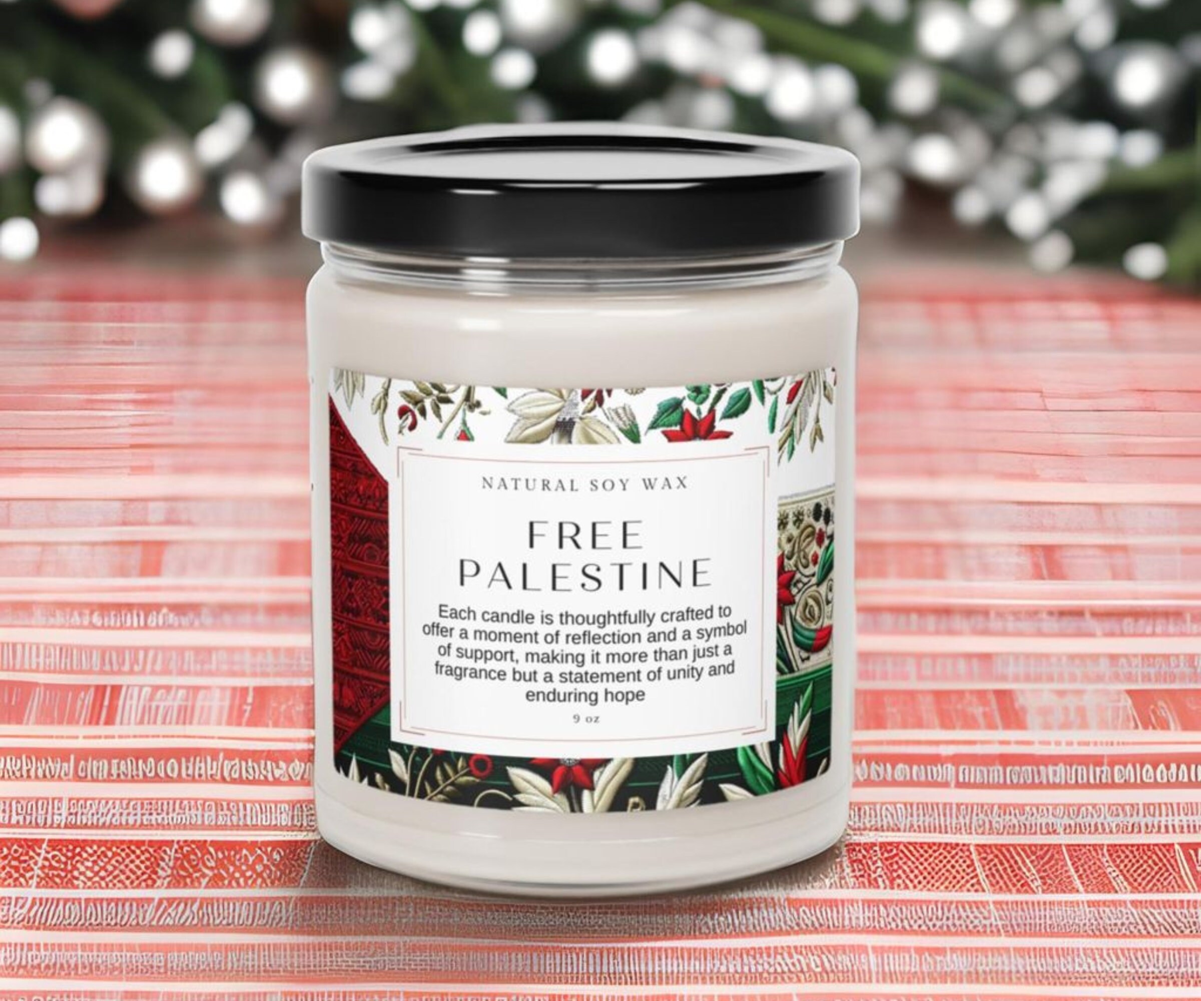 Luxury Candle | Palestine Candle | Free Palestine Gift | 40 Hour Burn Time | Soy | Keffiyeh Candle | Reusable Glass Jar | Gaza Human Rights