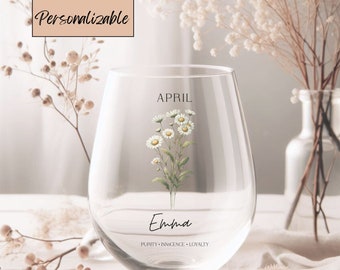 Personalized Birth Flowers Wine Glass Custom Name with Your Birth Flower Christmas Anniversary Mother's day Best Friend Gift For Her Wedding