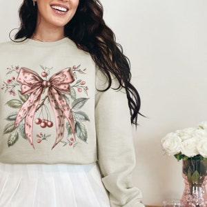 Coquette Cherry and Bow Sweatshirt, Coquette Aesthetic Sweatshirt, Ribbon Crewneck, Cottage Core Sweatshirt, Coquette Clothing, Trendy Crew