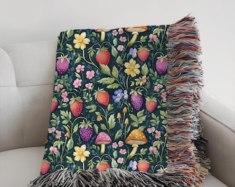 Strawberry Print Blanket, Mushroom Woven Throw, Forest Floor Woodland, Cottagecore, Soft Cozy Baby, Cute Fruit Pattern, Vintage Countryside