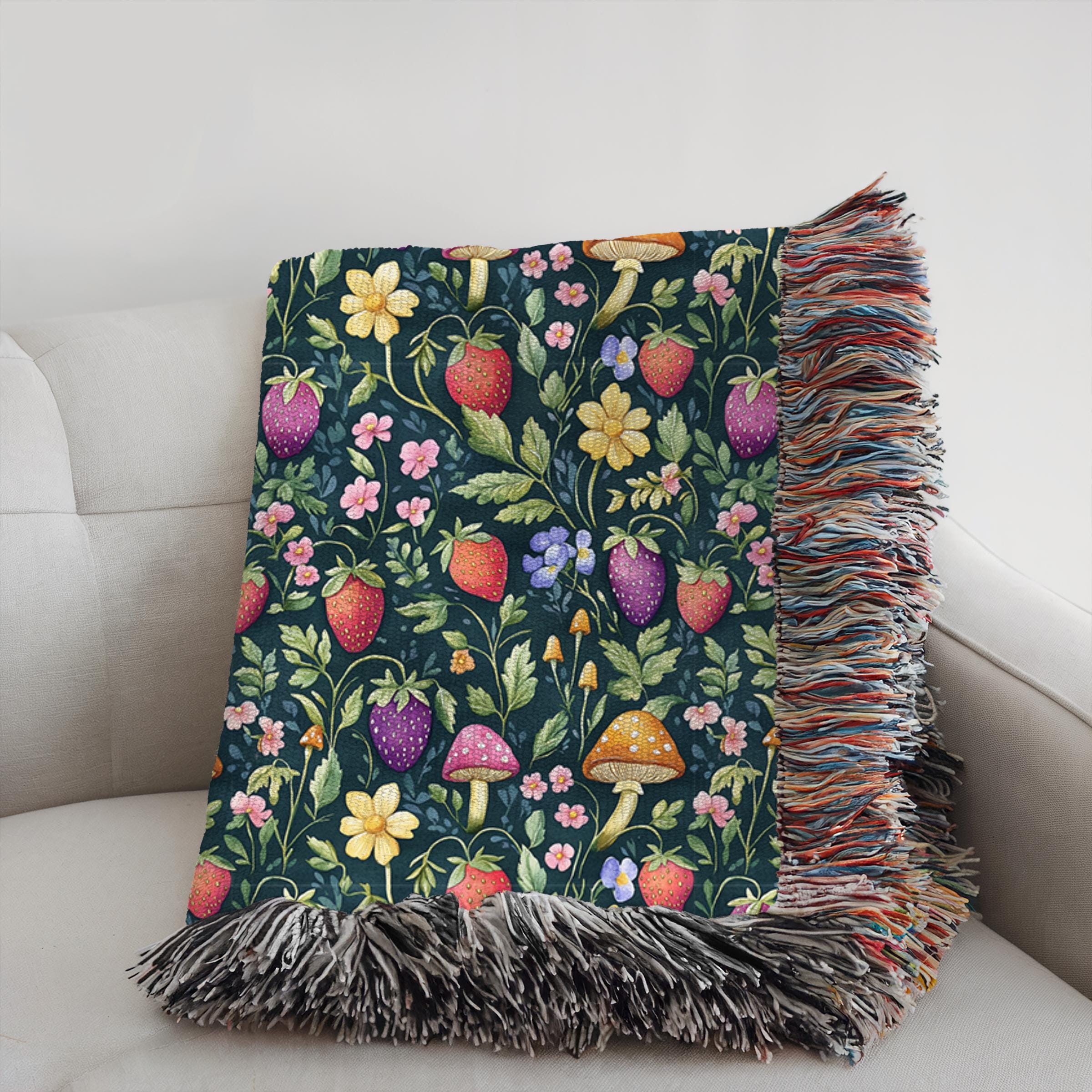 Strawberry Print Blanket, Mushroom Woven Throw, Forest Floor