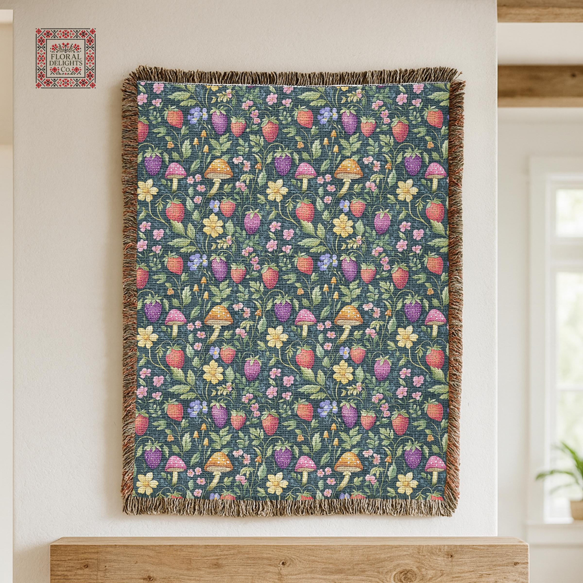 Strawberry Print Blanket, Mushroom Woven Throw, Forest Floor