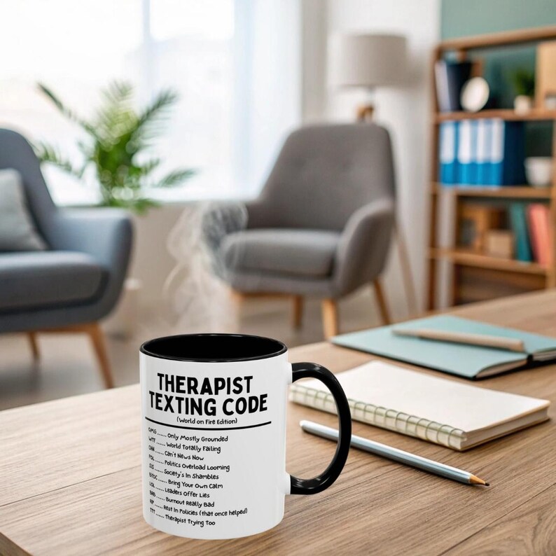 May include: A white ceramic mug with a black interior and handle. The mug features the text "THERAPIST TEXTING CODE" and a list of phrases. The mug is on a wooden table with a notebook and pencil.