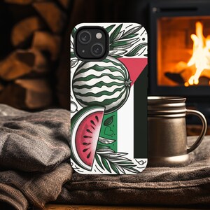 May include: A white phone case with a green and red watermelon design. The watermelon is sliced in half and the case has a green leaf design.
