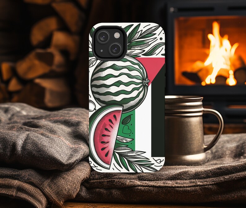 May include: A white phone case with a green and red watermelon design. The watermelon is sliced in half and the case has a green leaf design.