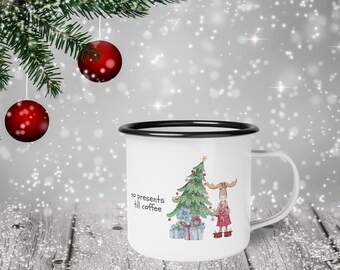 Taza de Navidad de camping de esmalte, taza de chocolate caliente, taza de campamento de vacaciones, taza de reno, pero primer café, regalo para los amantes del café, cacao caliente, camping